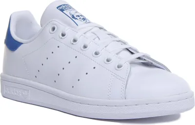 Produktbild von Adidas Stan Smith J Jugend Leder Schnürung Turnschuhe In Schwarz – 3.5 UK / Weiß Blau