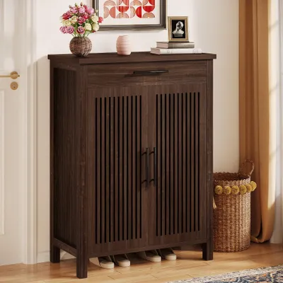 Image de Tribesigns Armoire à chaussures, armoire à chaussures à 5 étages avec portes à lamelles et tiroir, étagère à chaussures en bois avec étagères réglables, couloir, noyer noir