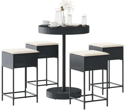 Produktbild von Moderne Gartenmöbelgarnituren 5-tlg. Gartenbar-Set mit Kissen Schwarz Poly Rattan Gartenmöbelset CC26220816