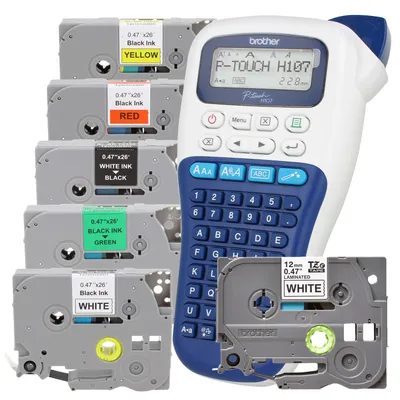 Produktbild von Brother Beschriftungsgerät PT-H107B mit 5 farbige Schriftband TZe 12mm