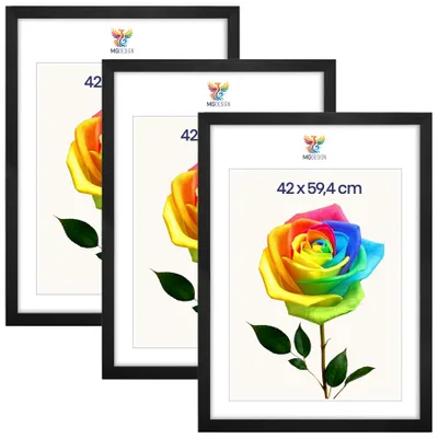 Obrázok produktu pre MG Design, sada 3 kusov rámov na obrázky, čierna farba, formát A2 (42x59,4 cm) - rámy na plagáty z prírodného dreva s akrylovým sklom, stabilný systém na zavesenie, vhodné na zavesenie vertikálne aj horizontálne
