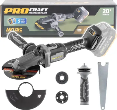 A cordless angle grinder and its accessories are displayed against a white background, with the product's packaging visible at the top.