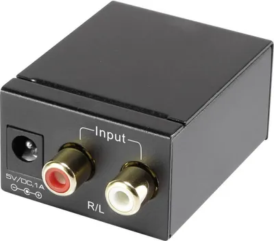 A black electronic converter box with input ports and power input.