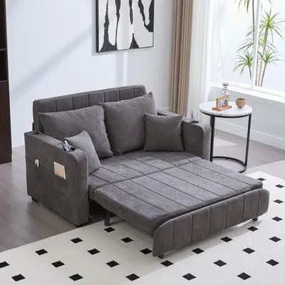 Produktbild von LVHOM Schlafsofa mit 3-fach verstellbarer Lehne&USB, Ausziehbares Schlafbett, 2-Sitzer mit Becherhalter Platzsparend 139x73x83cm, Grau