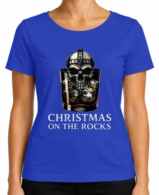 Produktbild von Christmas On The Rocks Whiskey Skull Viking Helm Runen Totenkopf Damen T-Shirt, Blau, XL