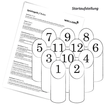 Produktbild von WELLGRO Zahlen-Wurfspiel – Kegelspiel Outdoor Spiel für Garten & Strand, Finnisches Wurfspiel für Familie & Freunde, Wikinger-Kegeln inkl. Tragetasche, Holzspiel
