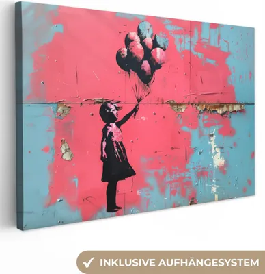 Produktbild von Wanddeko 90x60 cm - Banksy - Mädchen - Luftballon - Rosa - Blau - Straßenkunst, Wandbilder, Wanddeko Wohnzimmer
