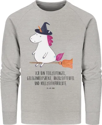 Produktbild von Mr. & Mrs. Panda Baumwoll Sweatshirt Einhorn Hexe Größe XL - Heather Grey - Geschenk, Teufel, Nachhaltiger Pullover, Unicorn, Pulli, Einhörner, Ehefrau, Sweater, Freundin