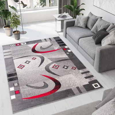 A modern living room with a grey sofa and a patterned rug.