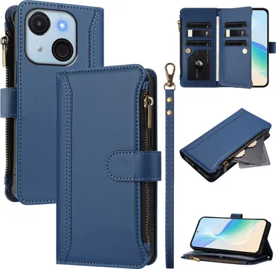 Immagine prodotto di Custodia per Itel A50C, con cerniera, portafoglio Custodia flip in Finto cuoio con tasche per carte, supporto e passante per mano blu