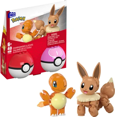 A product shot of a Mega Pokémon toy set featuring Charmander and Eevee, along with their Poké Ball containers, presented in its original packaging.