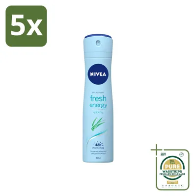 Immagine prodotto di 5 confezioni di deodorante spray Nivea Fresh Energy, 150 ml ciascuna, confezione risparmio, 5 pezzi