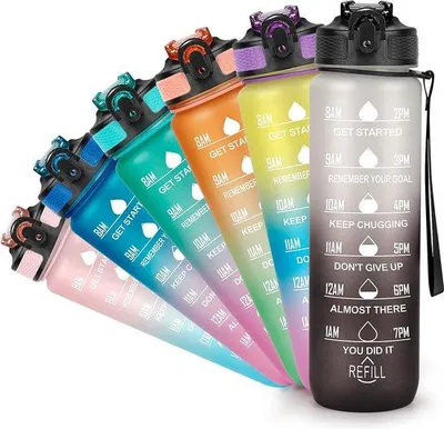 Produktbild von Famanu Wasserflasche 1 Liter mit Zeitmarkierung - Leckfrei, BPA-frei, mit Strohhalm und Tragegurt
