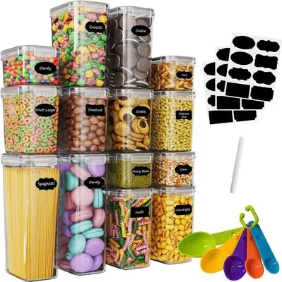Obrázek produktu pro Sada plastových nádob, 14 kusů, vzduchotěsně uzavíratelné, nádoby na skladování müsli, mouky, cornflakes (2,8 l, 2 l, 1,6 l, 0,8 l)