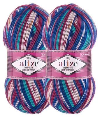 2 x 100g Sockenwolle Superwash Comfort 4-fädig blau rot gelb creme