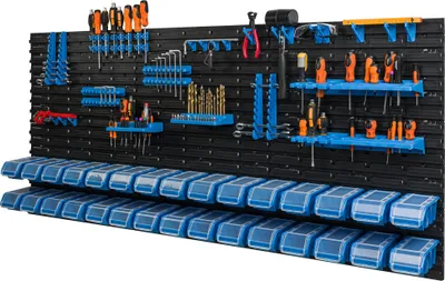 A wall-mounted tool organizer with various tools and storage bins.