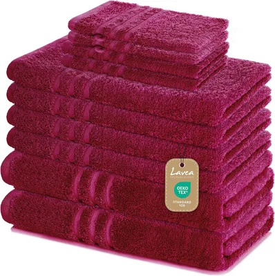 Produktbild von Lavea® Elena 10-teiliges Handtuch Set - 100% Baumwolle, 4x Handtuch + 2x Duschtuch + 2x Gästetuch + 2x Waschhandschuh, Bad & Gäste, Bordeaux