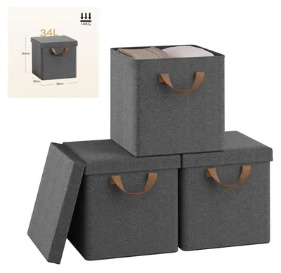 Produktbild von Kleideraufbewahrung - Faltbare Aufbewahrungsboxen mit Deckel - 3er-Set - 34 l - Vliesstoff - Zusammenklappbar - Grau