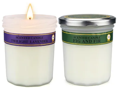 Produktbild von YRHome Duftkerzen Set 210g – 2-teilig mit Aufklebern & Duftkerzenglas, Lavendel + Feigenfichte Entspannungskerze