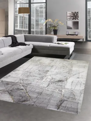 Produktbild von Teppich modern Kurzflor Wohnzimmerteppich abstrakt grau gold Größe - 80x150 cm