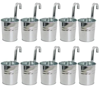 Productafbeelding van 10 x Ophangende bloempotten, metaal, zilver, 10 cm, met haak, voor balkon en tuin
