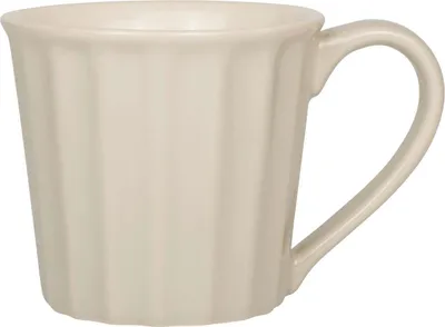 A single beige ceramic mug with vertical ridges.