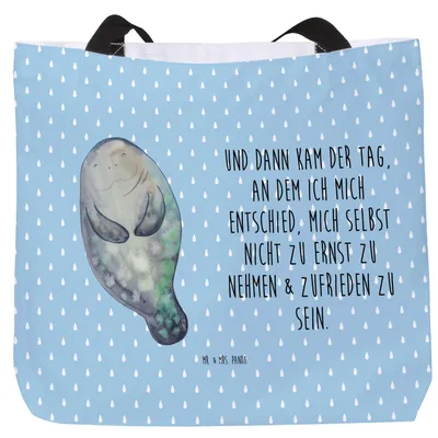 Produktbild von Mr. & Mrs. Panda Tote Bag Seekuh Happy - Blau Pastell - Geschenk, Beutel, Stoffbeutel, Neuanfang, Tasche, Urlaub, Neustart, Freizeittasche, Selbstliebe, Schultasche