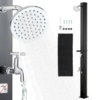 Produktbild von SucceBuy Solardusche 35 L, Solar Gartendusche 2160 mm Höhe, Pooldusche mit Seifenhalter, Temperaturregulierung für Warm- und Kaltwasser, freistehend, Außendusche für Garten, Pool oder Strand, Schwarz