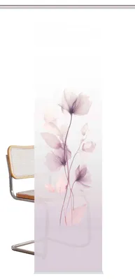 A sheer curtain with a floral print is shown next to a chair.