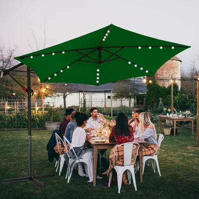 Image de Jiubiaz Parasol vert LED solaire Ø350cm Parasol de jardin Parasol de marché Manivelle Balcon Alu Inclinable