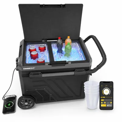 Produktbild von ONBEST Kompressor Kühlbox | 60L | 12V | 230V | mit App-Steuerung | Touchdisplay | Rollen | USB-Anschlüsse | LED | 4 x Trinkbecher