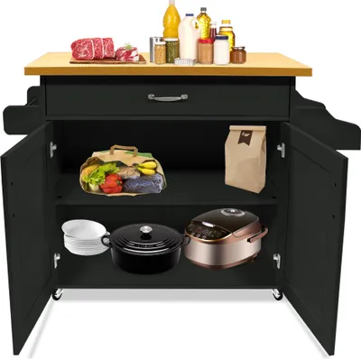 Image de LARS360 Chariot de cuisine sur roulettes Chariot de service Îlots de cuisine mobiles 115 x 36 x 90 cm Armoire de cuisine avec tiroir & porte-serviettes & plateau à épices & plan de travail Noir