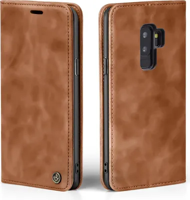 A brown leather flip case for a Samsung Galaxy S9+ is shown from two angles.