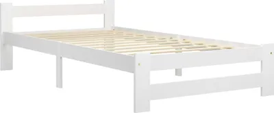 A white wooden bed frame with a slatted base, shown from a side angle against a white background.