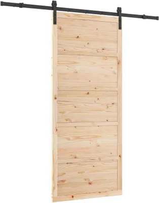 Immagine prodotto di Porta scorrevole 80 x 208 cm, in legno massello di pino, finitura naturale, set completo con sistema di guide. Porta in legno stile "granaio" moderna per interni, porta scorrevole salvaspazio con kit di ferramenta in acciaio nero