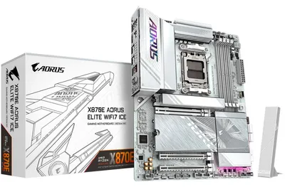 Zdjęcie produktu dla Gigabyte AORUS X870E ELITE WIFI7 ICE - Płyta główna - ATX - Socket AM5 - Chipsatz AMD X870E - USB4, USB-C 3.2 Gen 2x2, USB 3.2 Gen 1, USB 3.2 Gen 2 - 2.5 Gigabit LAN, Bluetooth, Wi-Fi 7 - Onboard-Grafik (CPU erforderlich) (X870E A ELITE WIFI7 ICE)