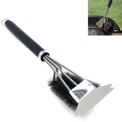 Produktbild von Dreizug-Grillreiniger - 3-in-1-Multifunktionsreiniger - Met Schräpper und Drahtborstel aus Edelstahl - Für Gas-, Holzkohle- und Elektrogrills geeignet - 45×7×8,5 cm - Metallisch, Kunststoff - Schwarz