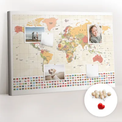Obrázek produktu pro Korková nástěnka s kolíčky - Tabule s kolíky pro fotografie a poznámky - 100x70 cm - Připínáčky dřevěné 100 kusů - Design mapy světa