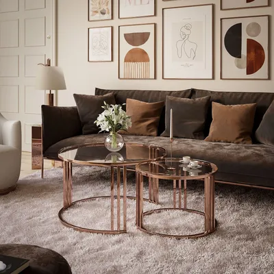 Productafbeelding van Set salontafels LORI 2-in-1 met glazen blad en koperkleurige voet