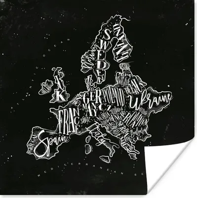 Produktbild von MuchoWow® Poster Karte - Europa - Schwarz - Weiß 100x100 cm - Babyzimmer