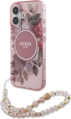 Zdjęcie produktu dla Guess IML Flowers With Pearl Strap MagSafe - Etui iPhone 16 (różowy)