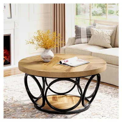 Produktbild von Runder Couchtisch, 80 cm, Holztisch, große runde Wohnzimmertisch mit 2-stufiger Ablage, moderner einfacher brauner Teetisch (Holzmaserung)