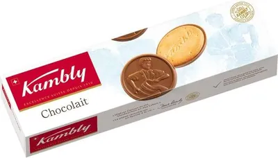Produktbild von Kambly Chocolait, Keks, Schokolade, Eier, Gluten, Milch, Nüsse, Sojabohnen, Sesamsamen, Rund, 100 g, Papier