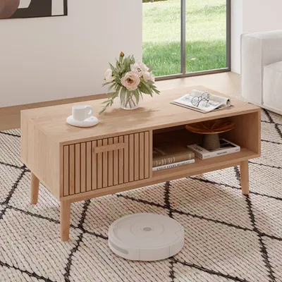 Produktbild von UnboxG Couchtisch, Wohnzimmertisch, Stauraum und Schublade, Einfache Aufbau, Sofatisch aus Holz, Beistelltisch, Holzfarbe, 100 x 50 x 43 cm