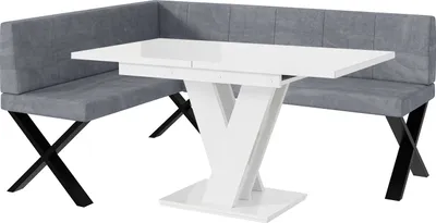Produktbild von MEBLINI Eckbank für Esszimmer mit ausziehbarem Tisch - Küchenbank - Essecke - Sitzecke Küche - PETER - X-Beine 128x168x87cm Links - Grau Samt/M Weiß Hochgl.