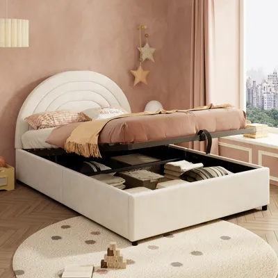 Productafbeelding van Boxspringbed 140 x 200 cm, met hydraulische opbergruimte, gestoffeerd hoofdeinde, lattenbodem, fluweelbekleding, beige