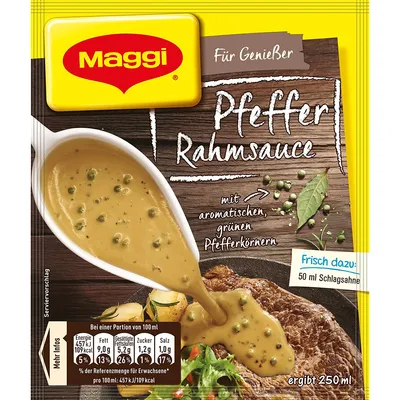A product package for Maggi Pfeffer Rahmsauce, showing the sauce being poured over a steak.