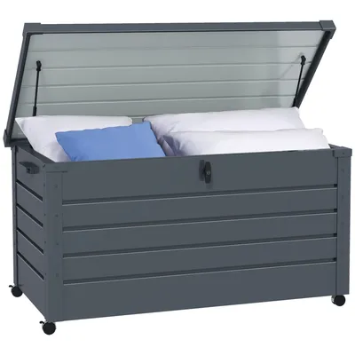 Image de Outsunny Coffre de rangement extšŠrieur 311L coffre de jardin avec všŠrin š€ gaz, roulettes et poignšŠe, en acier galvanisšŠ, 120x62x66 cm, gris