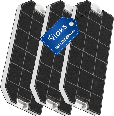 Three activated carbon filters for a range hood, with a tag attached to one of them.