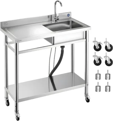 Produktbild von Edelstahl Spültisch mit Wasserhahn und Rädern (1000 x 500 x 1055 mm), Einzelbecken für Küche, Garage, Restaurant und Wäscherei